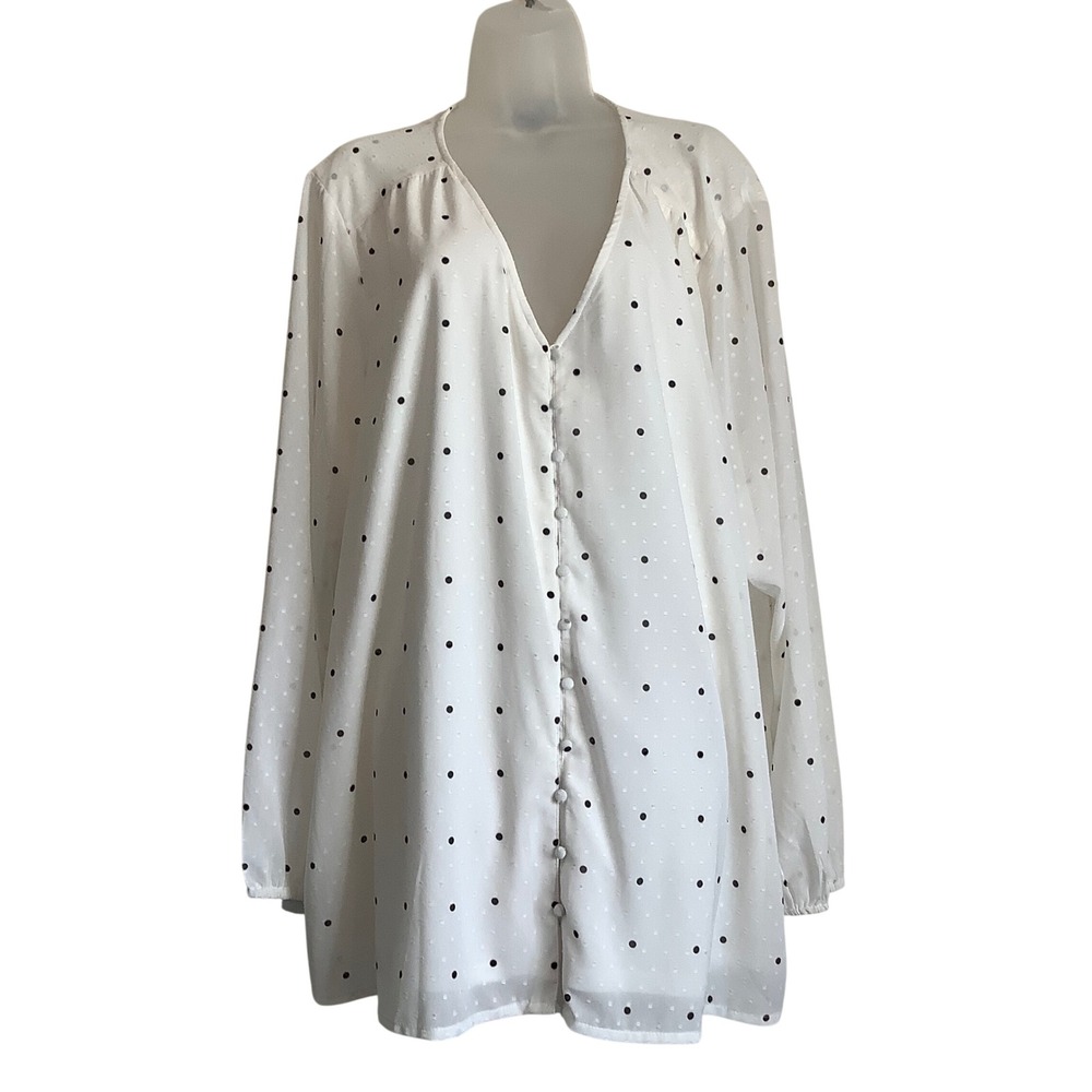 Lane Bryant White Polka Dot Swiss Dot Button Front Tunic Blouse 26/28